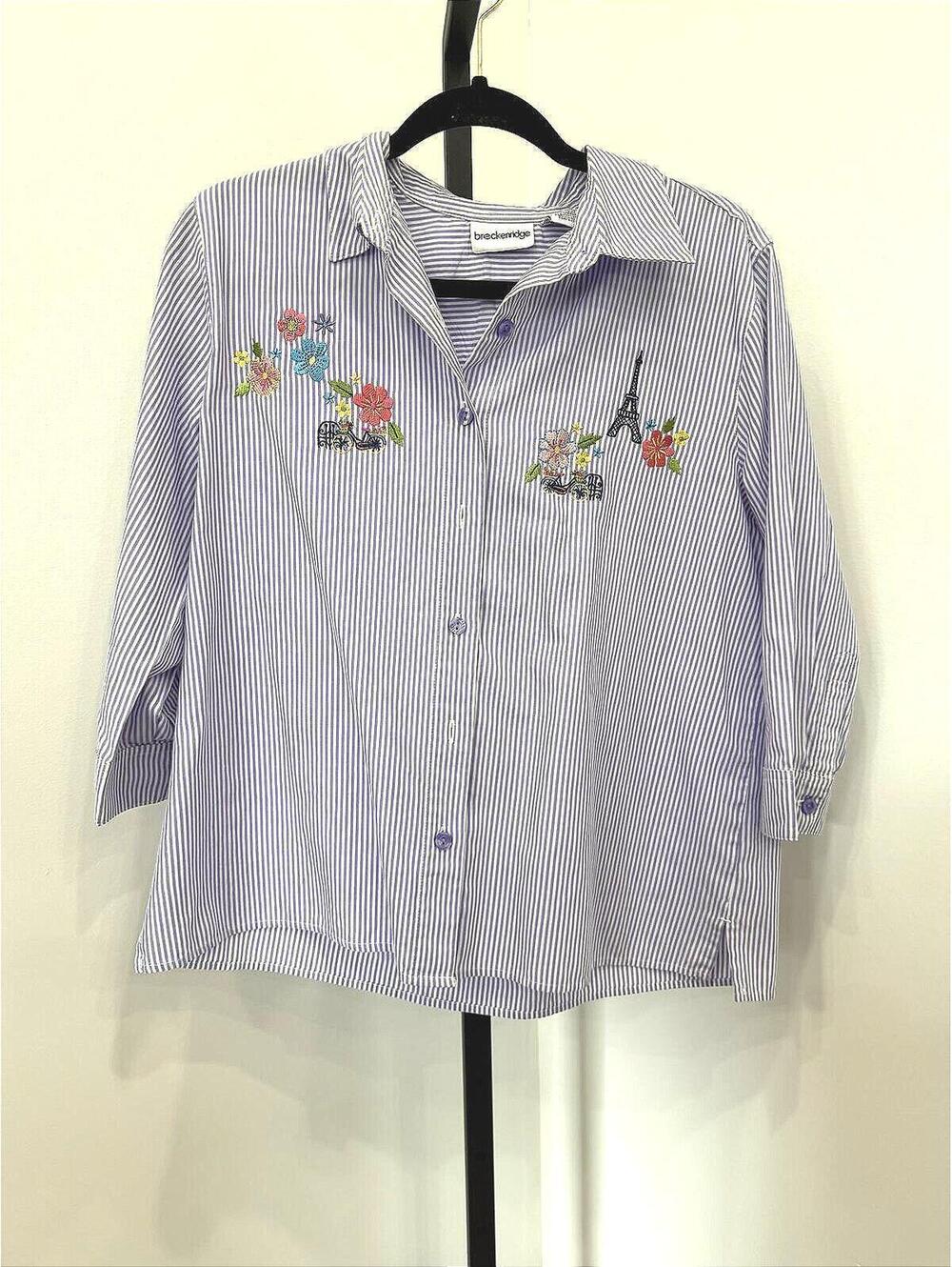 Breckenridge Medium Striped Button-Up Shirt with Embroidered Floral Eiffel Tower